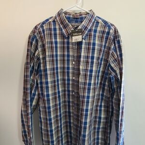 Men's Blue Plaid ShirtEddie Bauer Mens Sz LT Blue Orange Plaid Long Sleeve Butto